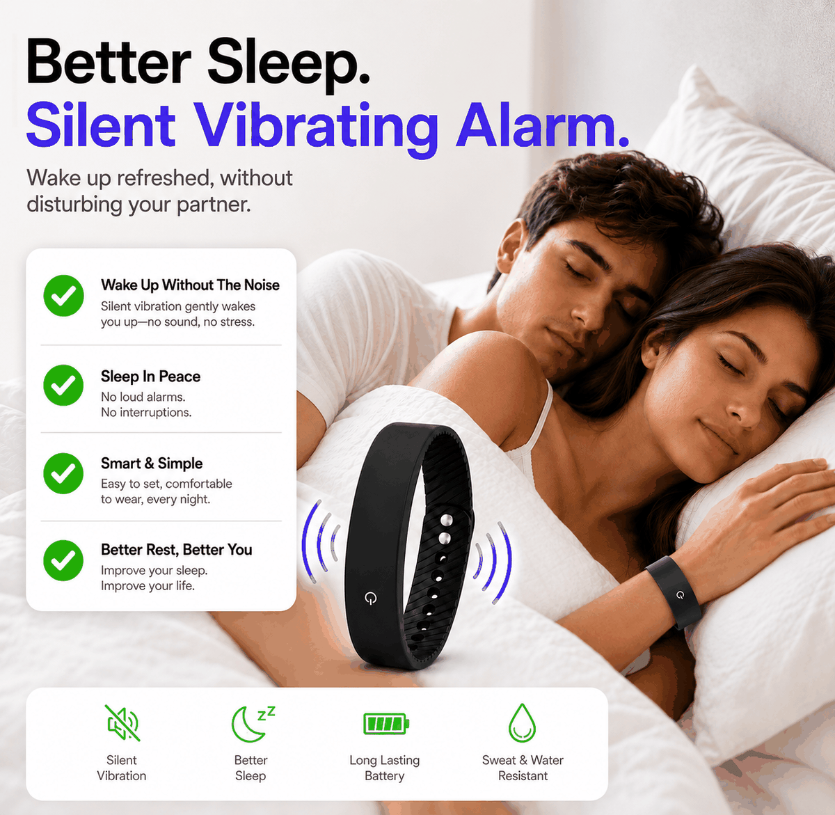 Vibration Loop Ban Alarm Watch, black silicone fitness band with a curved display, perforated strap and silver buttons
