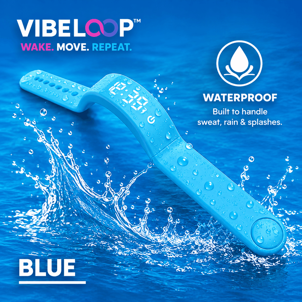 Vibration Loop Ban Alarm Watch in bright blue silicone with a slim digital display and rounded loop band