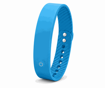 Vibration Loop Ban Alarm Watch with a bright blue silicone band, ridged inner surface, silver clasp studs and power symbol.