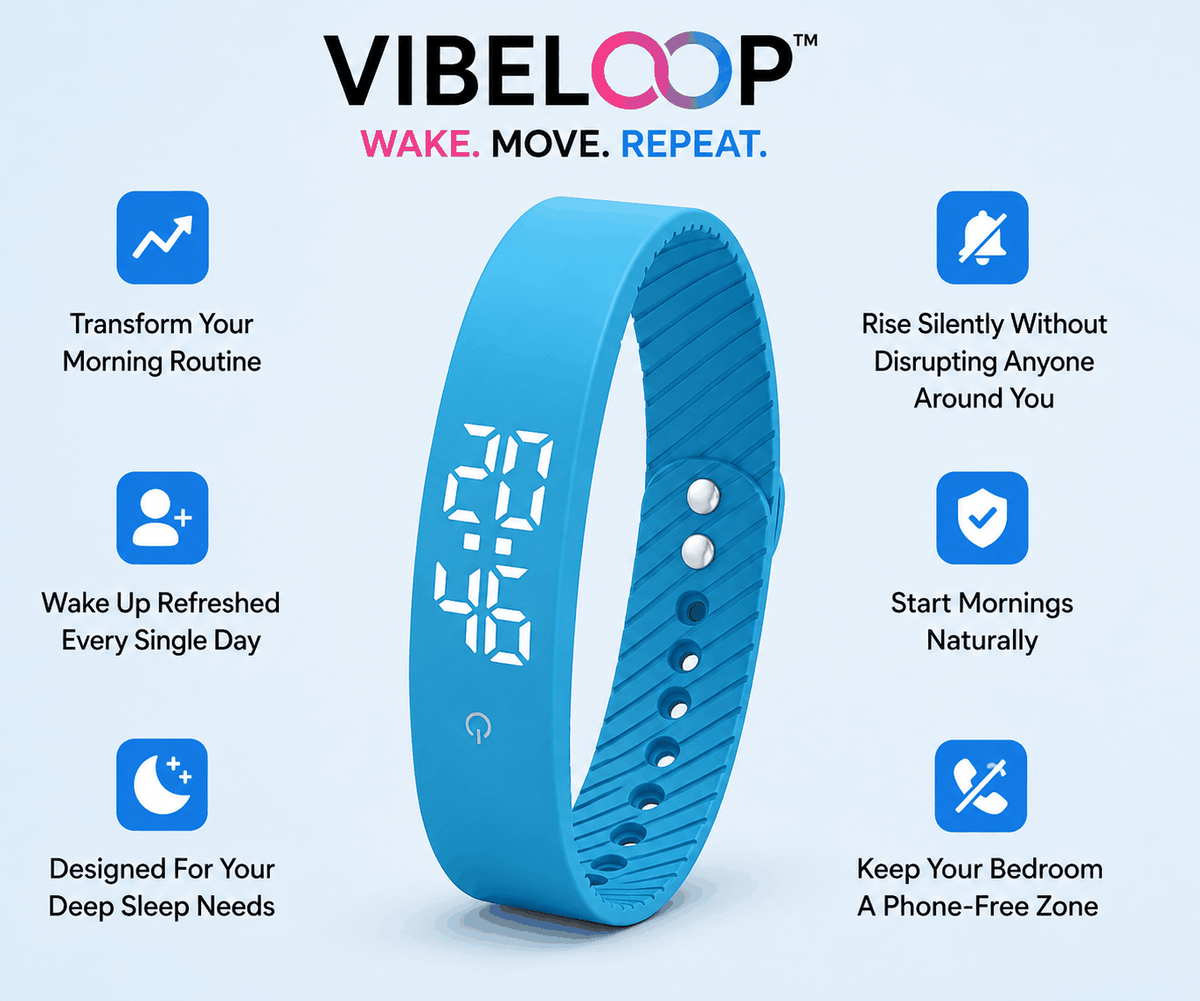Vibration Loop Ban Alarm Watch in bright blue silicone with a curved LED display and adjustable perforated strap