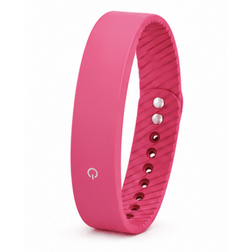 Vibration Loop Ban Alarm Watch with a bright pink silicone loop band, ridged inner surface, metal buttons and adjustment holes
