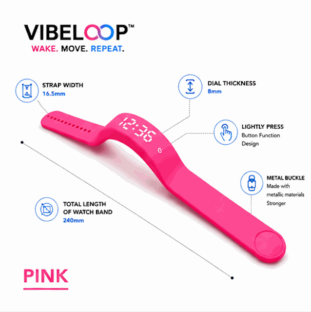 Vibration Loop Ban Alarm Watch in bright pink silicone, with a curved LED display, perforated strap and rounded end