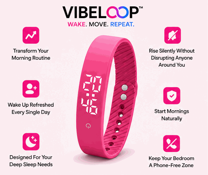 Vibration Loop Ban Alarm Watch in bright pink silicone with a curved LED display and adjustable loop strap
