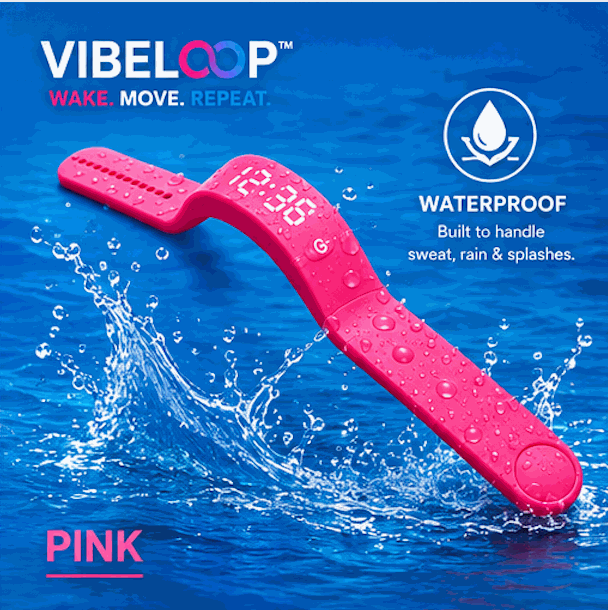 Vibration Loop Ban Alarm Watch with a bright pink silicone loop band, raised dot texture and compact curved fitness tracker display.