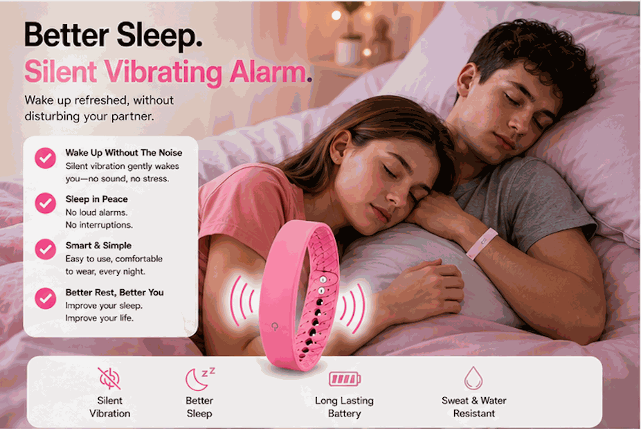 Vibration Loop Ban Alarm Watch with a pink silicone band and black display, shown with silent vibration alarm features