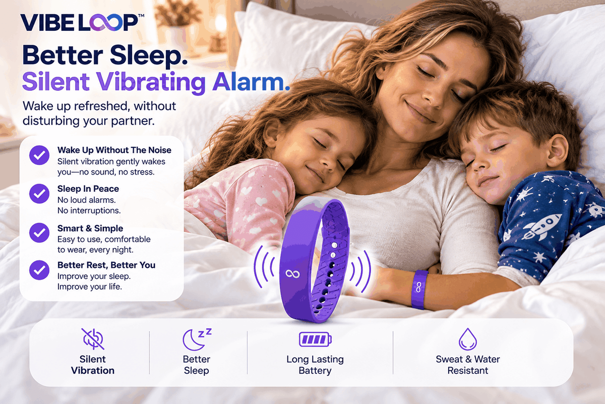 Vibration Loop Ban Alarm Watch with a purple silicone band, black display and vibrating alarm design on a sleeping child’s wrist