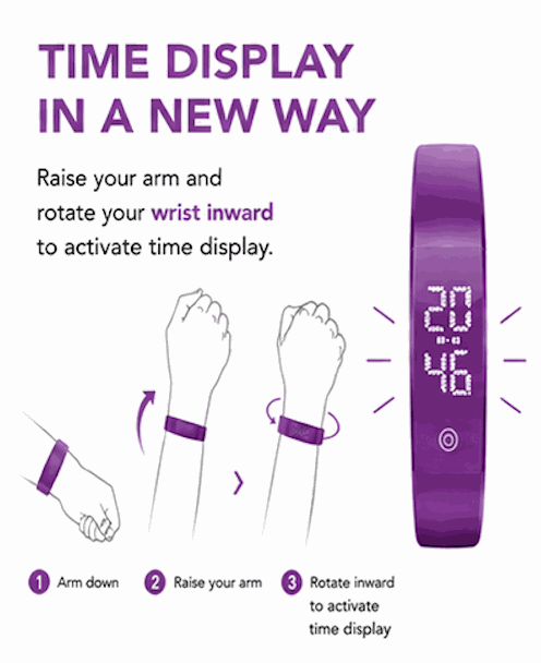 Vibration Loop Ban Alarm Watch with a purple silicone band, slim bracelet shape and glowing digital time display
