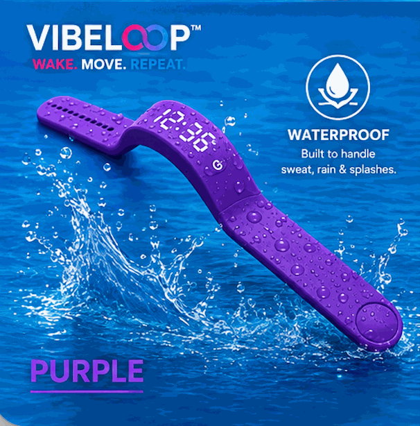 Vibration Loop Ban Alarm Watch in purple silicone, with a perforated strap, digital LED display and single-button design