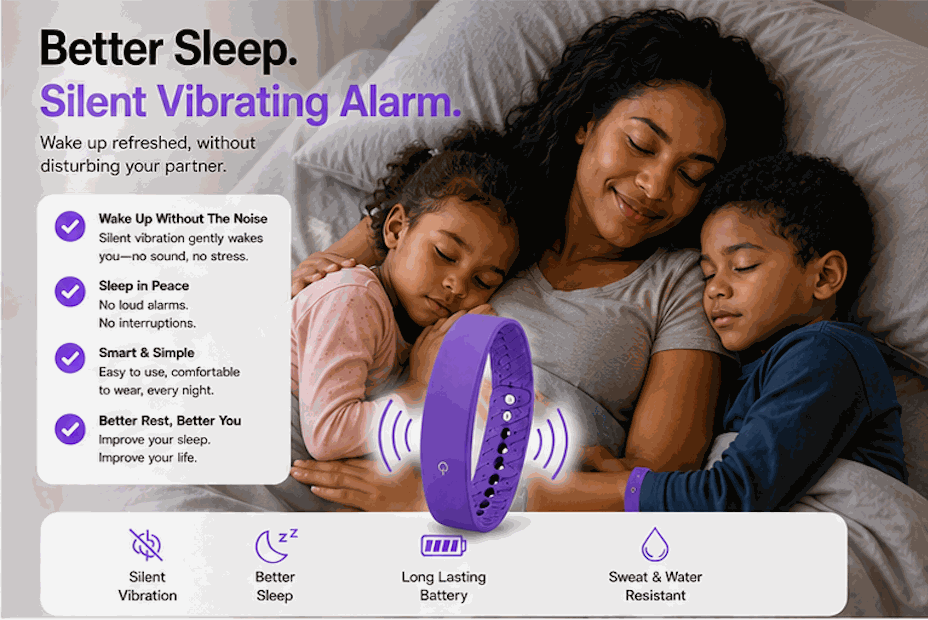 Vibration Loop Ban Alarm Watch in purple silicone with a perforated loop band, shown vibrating for silent wake-ups