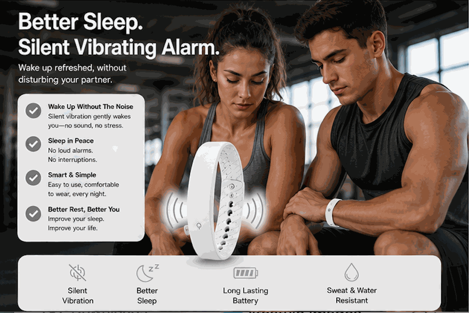 Vibration Loop Ban Alarm Watch in white with a slim silicone loop strap, perforated band and compact display