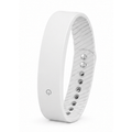 Vibration Loop Ban Alarm Watch, white silicone wristband with a smooth exterior and ridged inner strap, metal buttons and adjustment holes.