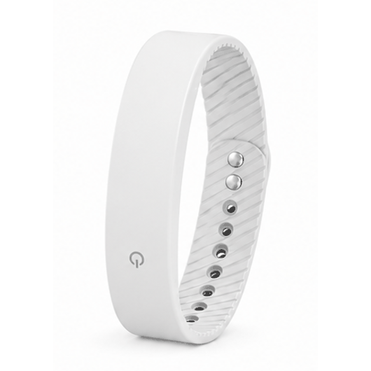 Vibration Loop Ban Alarm Watch, white silicone wristband with a smooth exterior and ridged inner strap, metal buttons and adjustment holes.