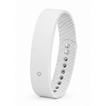 Vibration Loop Ban Alarm Watch, white silicone wristband with a smooth exterior and ridged inner strap, metal buttons and adjustment holes.