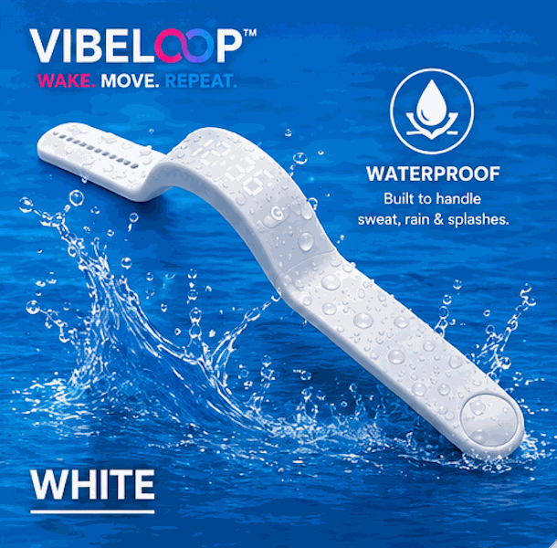 Vibration Loop Ban Alarm Watch in white with a flexible silicone loop band, rounded display module and raised button details