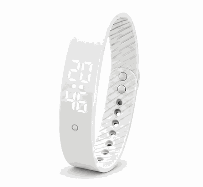 Vibration Loop Ban Alarm Watch, white silicone wristband with a smooth exterior and ridged inner strap, metal buttons and adjustment holes.