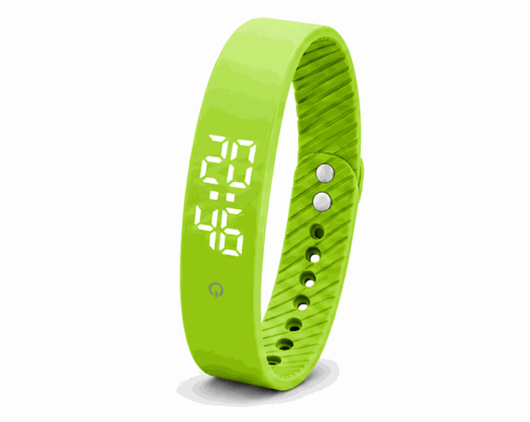 Vibration Loop Ban Alarm fitness tracker with a bright yellow-green silicone loop, ridged inner band and two silver buttons.