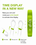 Vibration Loop Ban Alarm watch with a bright yellow-green silicone band and a vertical LED time display