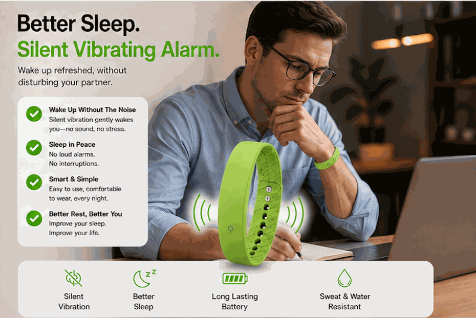 Vibration Loop Ban Alarm with a bright yellow-green silicone loop strap, perforated band and compact black display case