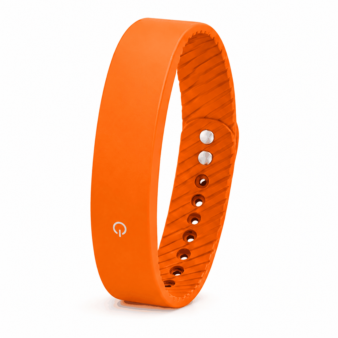 Vibration Loop Ban fitness tracker in bright coral orange silicone, with a smooth loop band and ridged adjustable fastening holes.