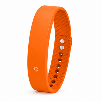Vibration Loop Ban fitness tracker in bright coral orange silicone, with a smooth loop band and ridged adjustable fastening holes.