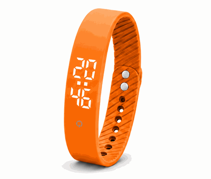 Vibration Loop Ban fitness tracker in bright coral orange silicone, with a smooth loop band and ridged adjustable fastening holes.