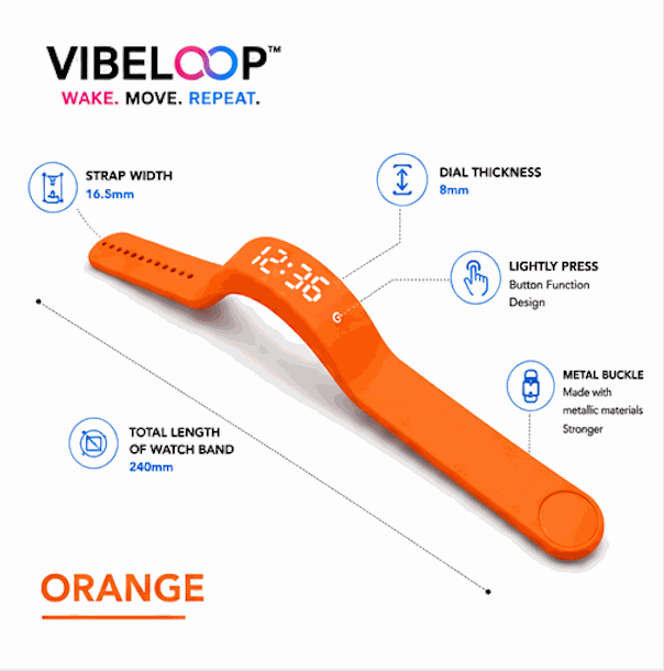 Vibration Loop Ban watch in bright coral orange silicone with a curved LED display and slim flexible band