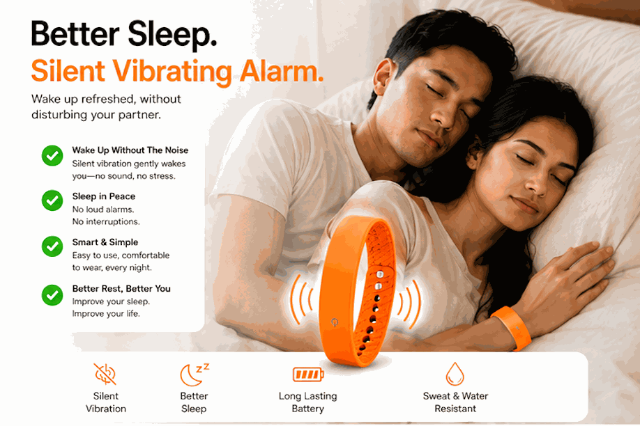 Vibration Loop Ban silent alarm watch with a bright orange silicone band, buttoned strap and vibration-wave graphics