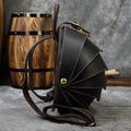Vintage Genuine Leather backpack in dark brown with a smooth finish, fan-shaped beetle shell panels and contrast stitching