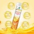 Vitamin C Tablets in a white cylindrical tube with orange fruit graphics, orange and white label, and screw cap.