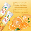 Vitamin C Tablets in white bottles with orange-label effervescent tablets, shown with bright citrus fruit and sweet-and-sour flavor