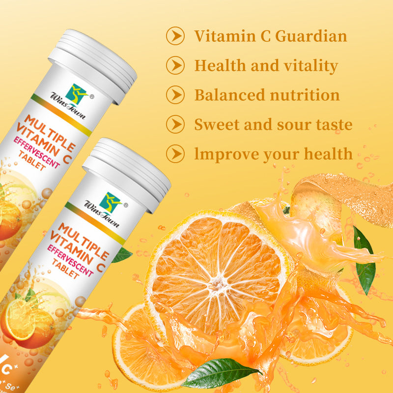 Vitamin C Tablets in white bottles with orange-label effervescent tablets, shown with bright citrus fruit and sweet-and-sour flavor
