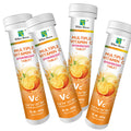 Vitamin C Tablets in white tubes with orange citrus graphics, multivitamin effervescent labels, and silver screw caps