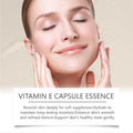 Vitamin E Essence Lightweight capsule essence promoted for soft, supple skin and lasting moisture beside a woman touching her face