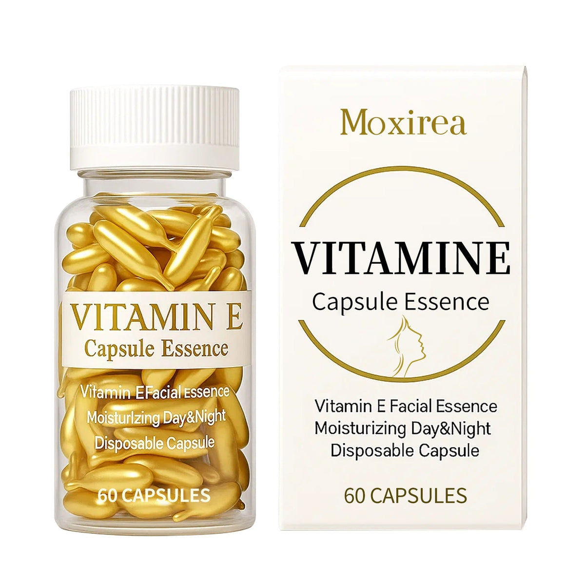 Vitamin E Essence Lightweight capsule serum in a clear bottle with golden softgels, white cap and cream Moxirea box