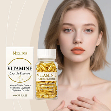 Vitamin E Essence Lightweight capsule serum in a clear bottle of golden capsules, beside a cream Moxirea box labeled 60 capsules