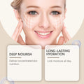 Vitamin E Essence Lightweight serum graphic with a smiling woman, facial hydration lines, and deep nourishment and lasting hydration claims