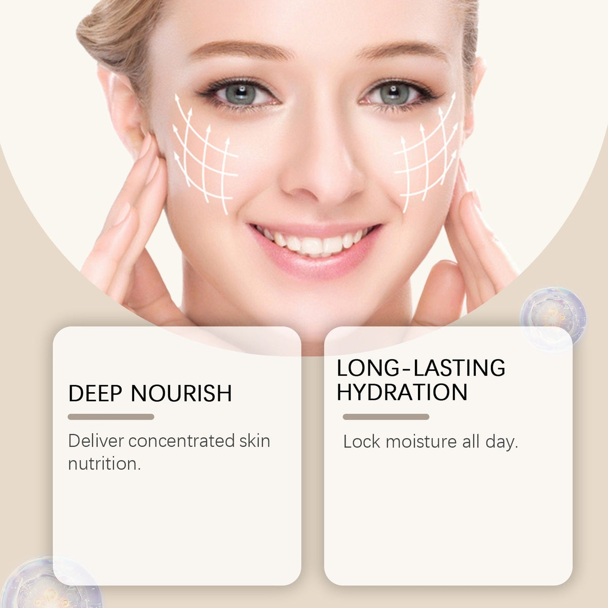 Vitamin E Essence Lightweight serum graphic with a smiling woman, facial hydration lines, and deep nourishment and lasting hydration claims