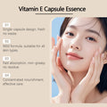 Vitamin E Essence Lightweight skincare graphic featuring a woman touching her face beside four capsule serum benefit claims