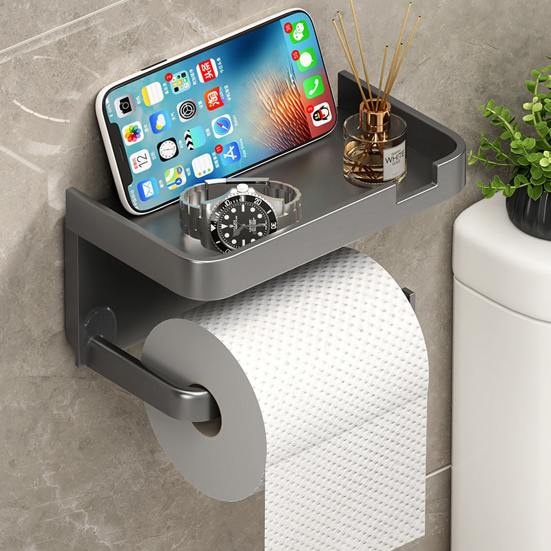 Wall Mounted Tissue Box holder in dark grey plastic, with a top storage shelf and a toilet paper roll bar.