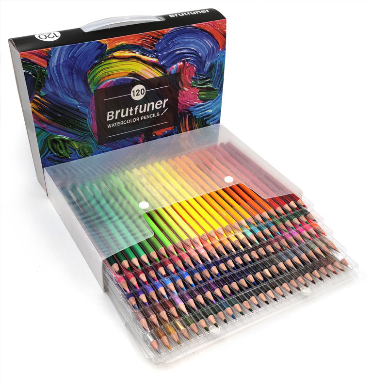 Water-Soluble Colored Pencils in a 120-color set, arranged in a clear plastic tray with a colorful illustrated box