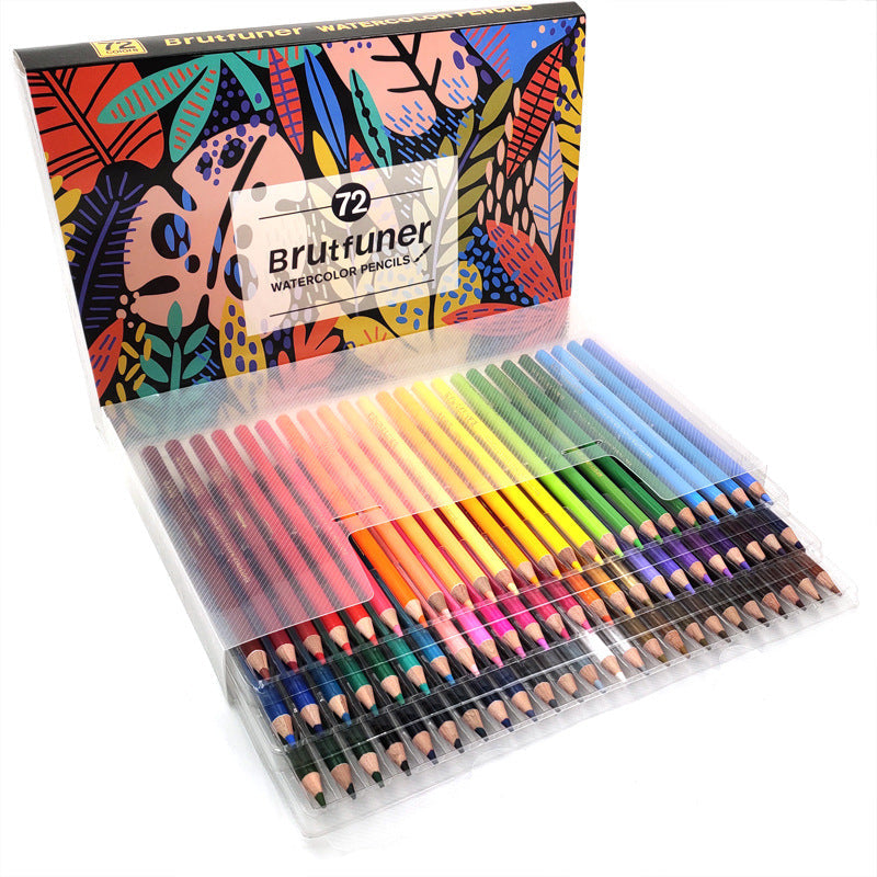 Water-Soluble Colored Pencils in a 72-color set, with sharpened pencils in a clear tray and a vivid botanical-patterned box