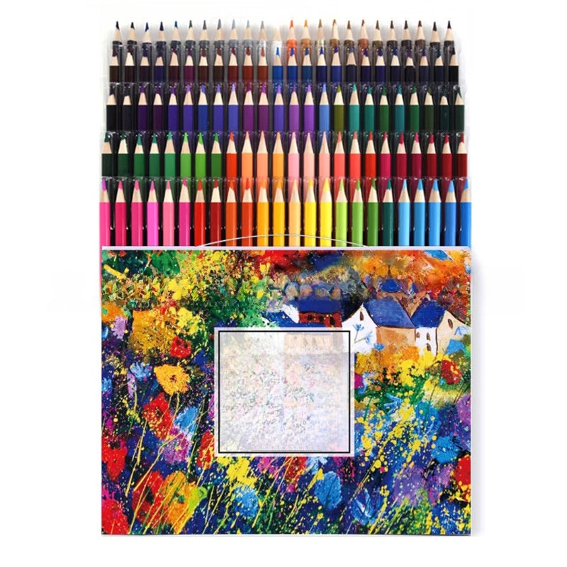 Water-Soluble Colored Pencils in a set of sharpened wooden pencils, arranged in rows with assorted bright colors and a colorful art-printed case