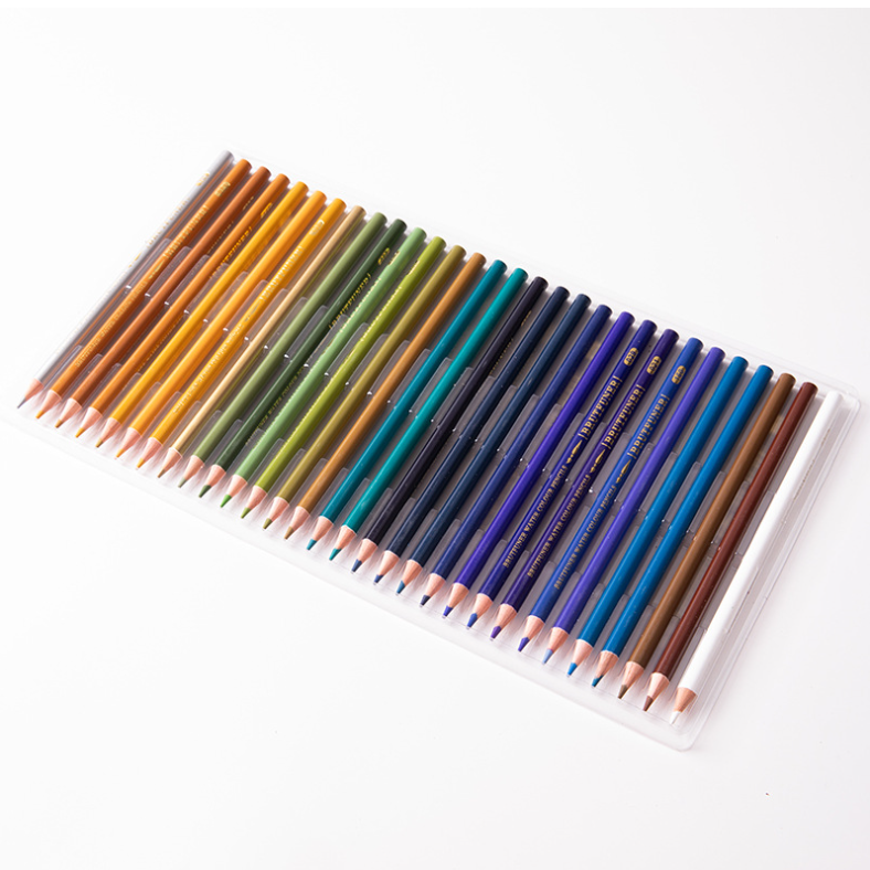 Water-Soluble Colored Pencils in a clear tray, featuring sharpened wooden barrels in a gradient of vivid colors