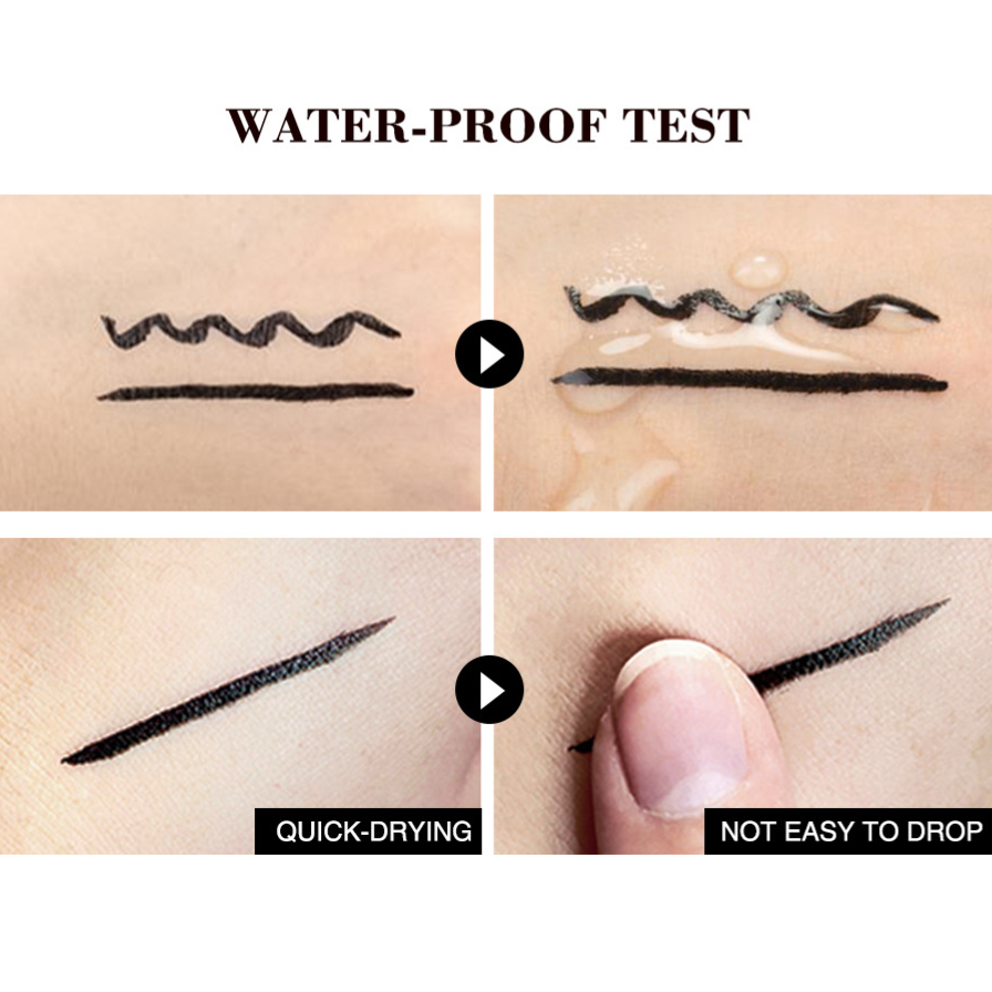 Waterproof Cat Eye Eyeliner shown as black wavy and sharp lines on skin, resisting water and staying intact when rubbed