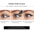 Waterproof Cat Eye Eyeliner shown creating a sharp black wing, with three close-up steps using a dual-ended pen
