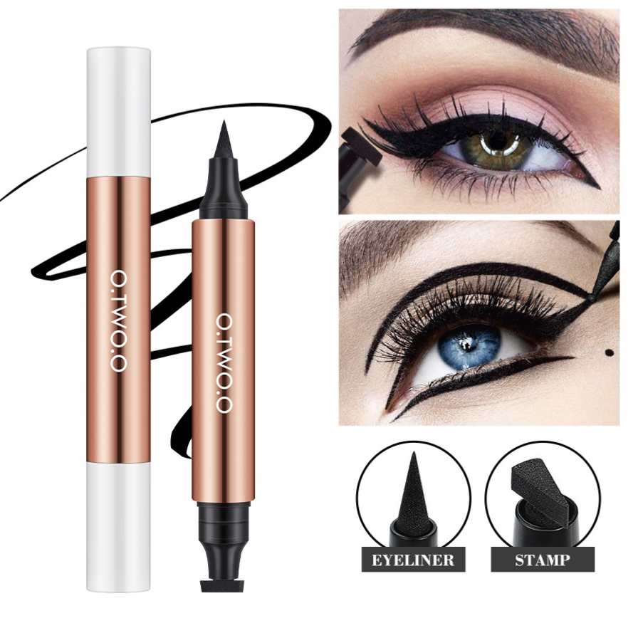 Waterproof Cat Eye Eyeliner in a rose-gold and silver pen with a black pointed liner tip and stamp applicator