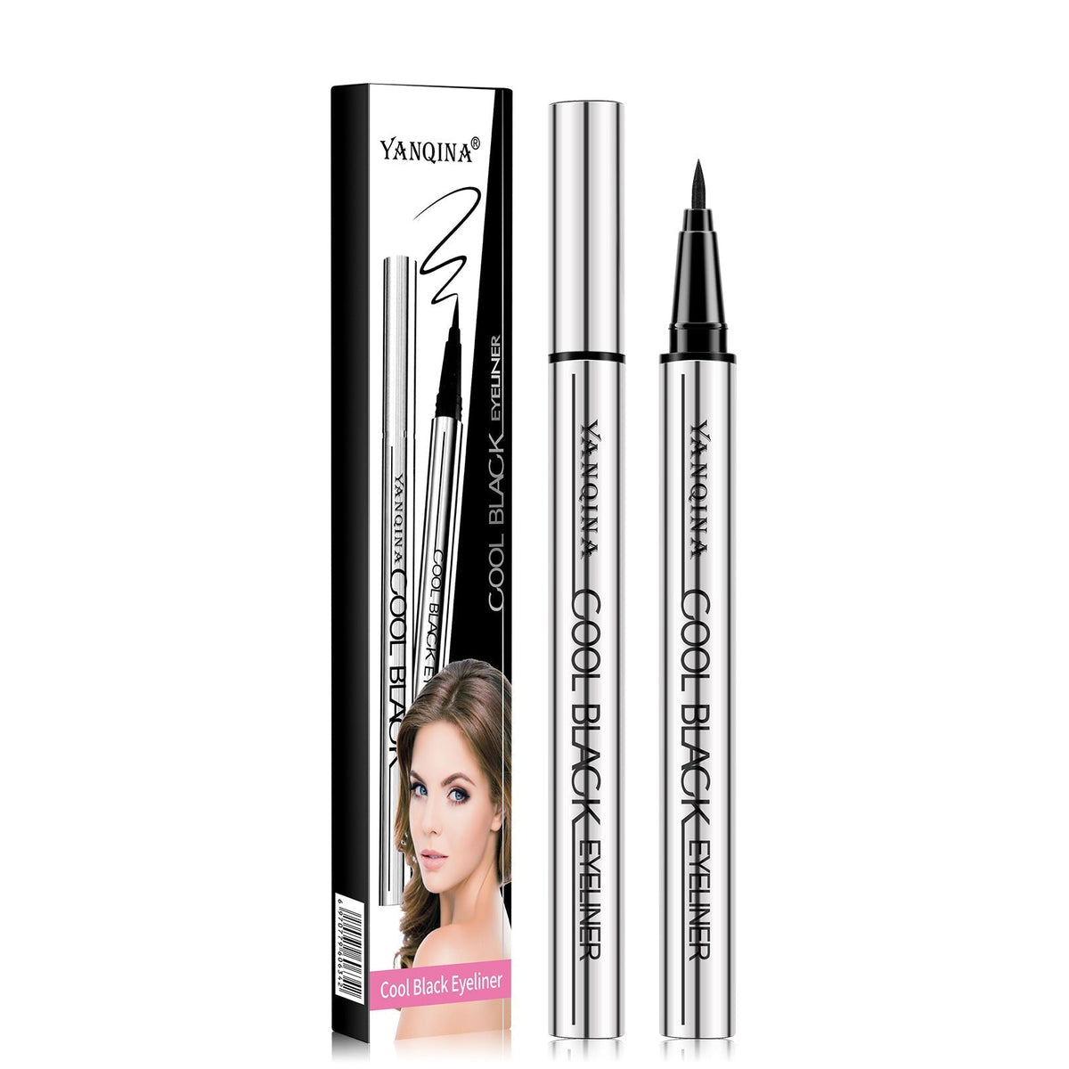 Waterproof Liquid Eyeliner Pen in a silver and black design, shown with its box and fine pointed applicator tip.
