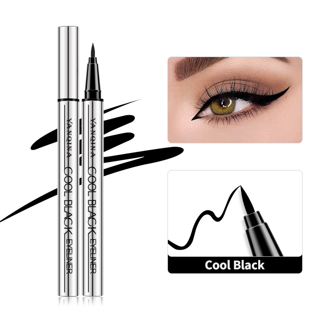 Waterproof Liquid Eyeliner Pen with a silver barrel and fine black tip, shown beside a bold winged eye look