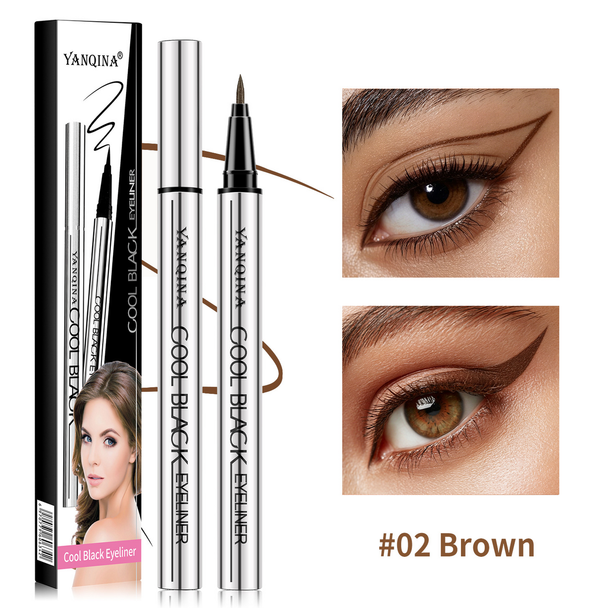 Waterproof Liquid Eyeliner Pen with a slim silver barrel, black fine-tip applicator, and brown winged liner shown on eyes