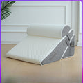 Wedge Pillow Set with white ribbed fabric, gray quilted side panels, angled wedge and raised cylindrical neck support.